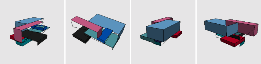 Four saved software-rendered views of a nine-piece procedural assembly.