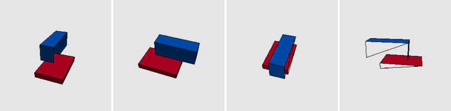 Four software-rendered views of the red plate and blue brick used in the two-piece test.