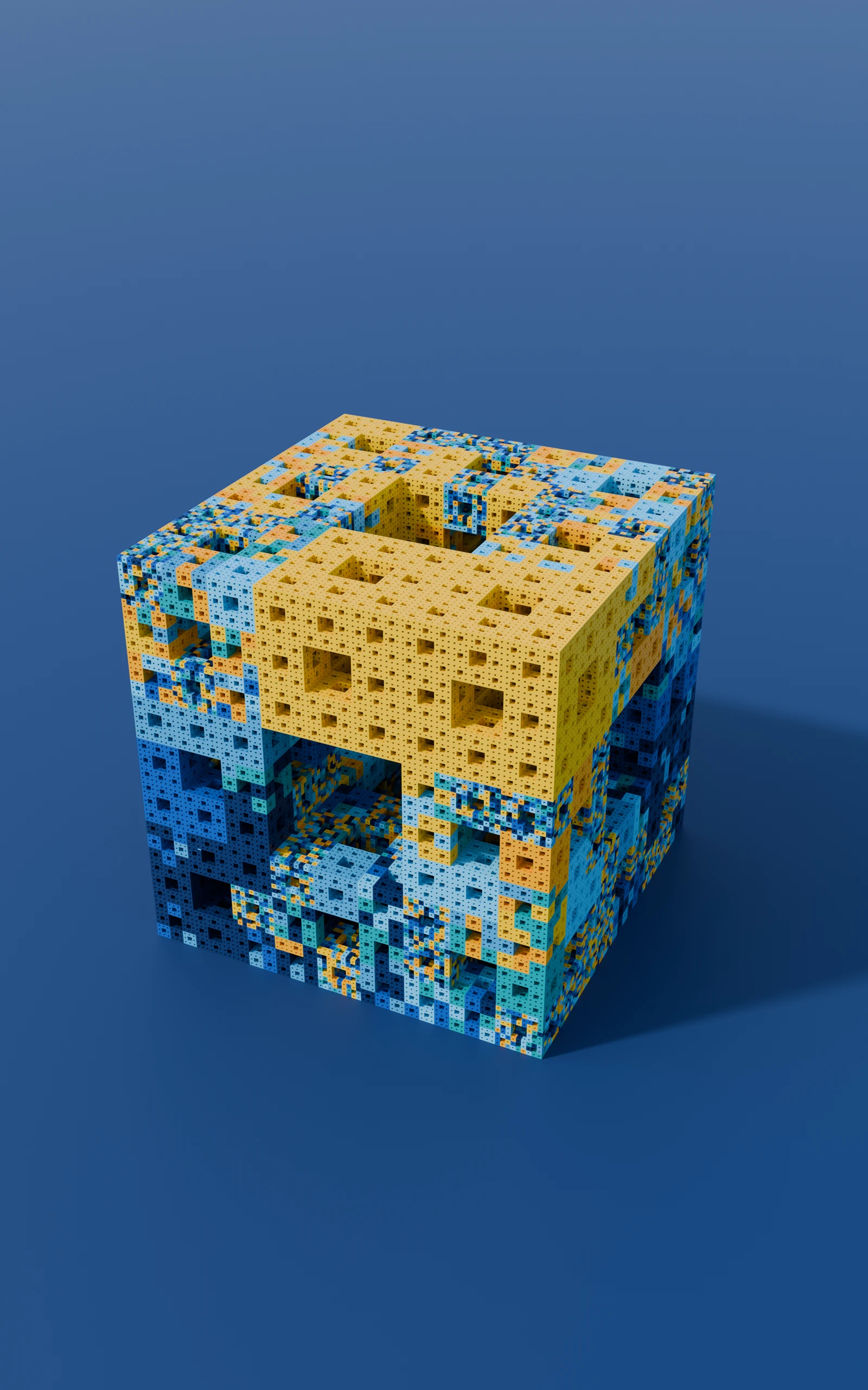 A blue and yellow LEGO Menger sponge with nested square openings.